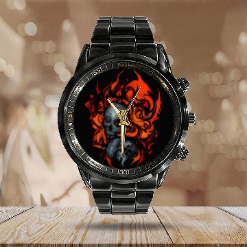 Discover Hellfire Skull Halloween Calendar Steel Band Watch