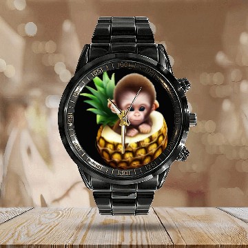 Discover Little monkey in a pineapple Calendar Steel Band Watch