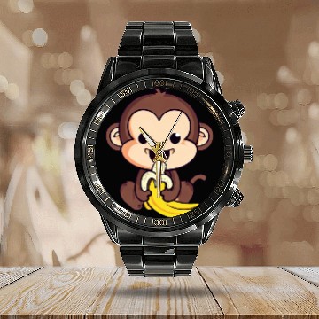 Discover cute monkey eats a banana Calendar Steel Band Watch