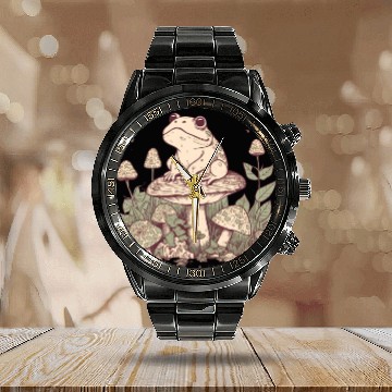 Discover Whimsical Line Art Cottagecore Frog Sitting on a Calendar Steel Band Watch