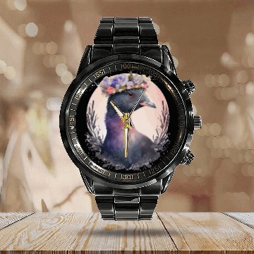 Discover Cute Coot Bird Watching Flower Crown Floral Birdin Calendar Steel Band Watch
