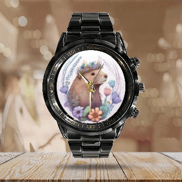 Discover Cute Watercolor Beaver Flower Crown Calendar Steel Band Watch