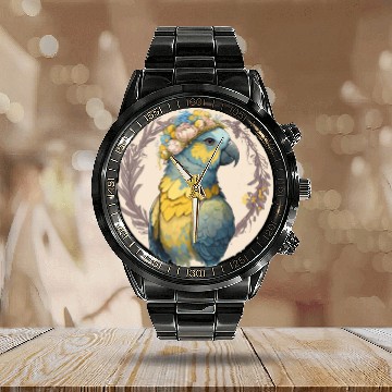 Discover Yellow Blue Ara Macaw Flower Crown Parrot Parakeet Calendar Steel Band Watch