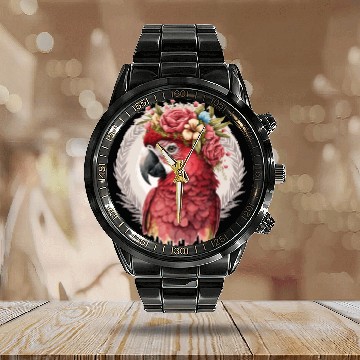 Discover Scarlet Macaw Parrot Watercolor Bird Flower Crown Calendar Steel Band Watch