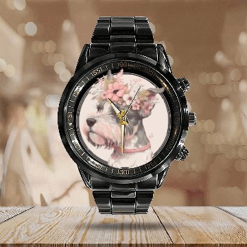 Discover Cute Miniature Mini Schnauzer Flower Crown Pet Dog Calendar Steel Band Watch