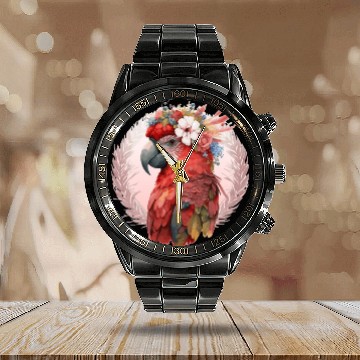 Discover Red Scarlet Macaw Flower Crown Parrot Watercolor B Calendar Steel Band Watch
