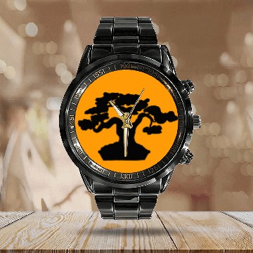 Discover Japanese Bonsai Tree with Orange Sunset Calendar Steel Band Watch