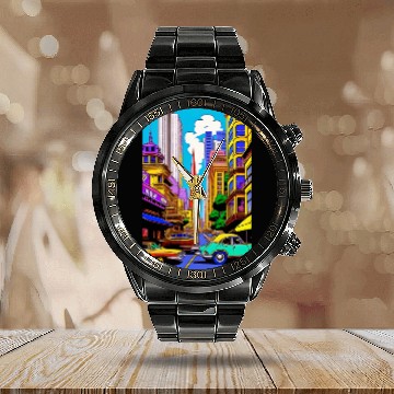 Discover "Maximalist Chaos: chaotic stunning San Francisco Calendar Steel Band Watch