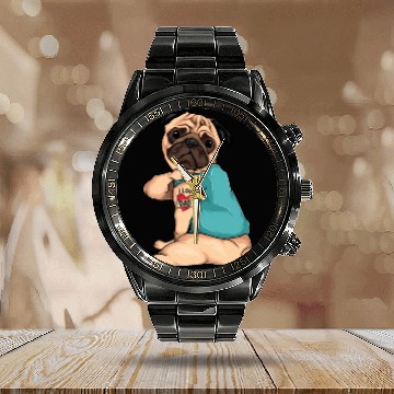 Discover Father'S Day Dog Pug I Love Dad Tattoo Calendar Steel Band Watch