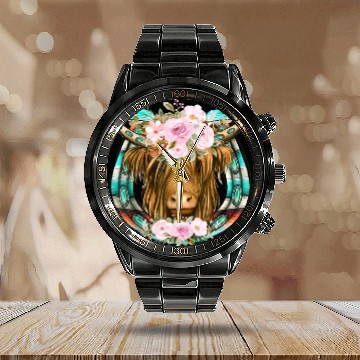 Discover Loves HigHiand Cow Flower Calendar Steel Band Watch