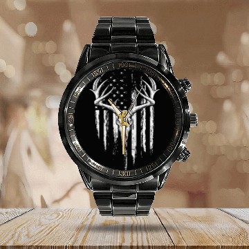 Discover Deer Hunting American Flag Bowhunting Whitetail Bo Calendar Steel Band Watch