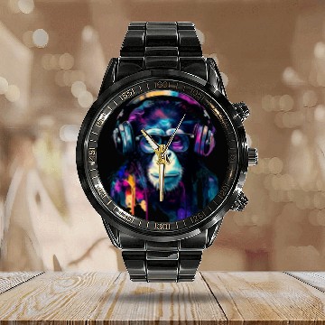 Discover Banksy DJ Monkey with Headphones Calendar Steel Band Watch