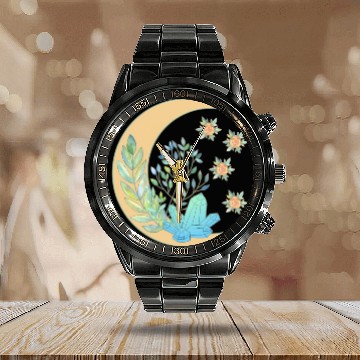 Discover Floral Crescent Moon Healing Crystal Garden Witch Calendar Steel Band Watch