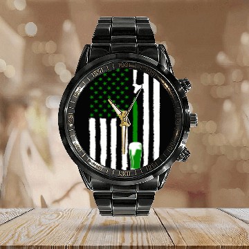 Discover Green St PatricDay Beer American Flag Patriotic Ir Calendar Steel Band Watch