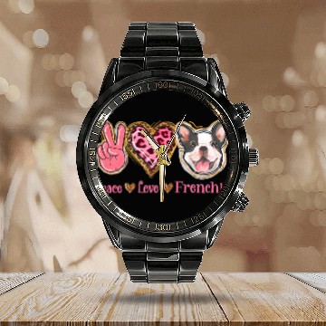 Discover Leopard Peace Love Frenchie Funny Dog Mom Mothers Calendar Steel Band Watch