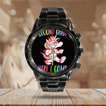 Discover Second Grade Here I Come Unicorn Rainbow Back to S Calendar Steel Band Watch