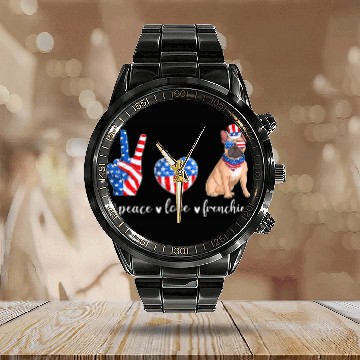 Discover Peace Love Frenchie Patriotic US Flag 4th July Calendar Steel Band Watch