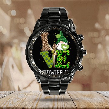 Discover Midwife Love St PatricDay Gnome Leopard Calendar Steel Band Watch