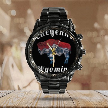 Discover Cheyenne Wyoming With Flag Themed Mountain Scenery Calendar Steel Band Watch