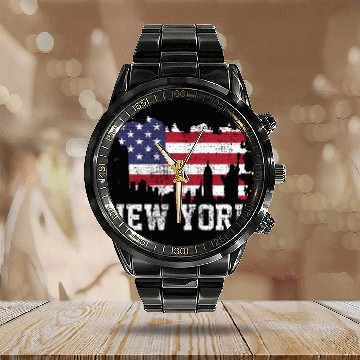 Discover New York City Nyc Skyline Usa Flag America Calendar Steel Band Watch