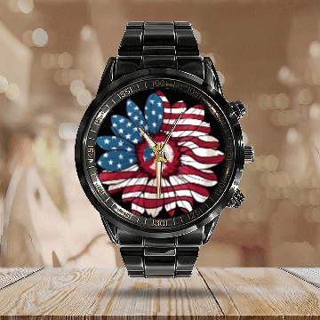 Discover American Flag Flower Independence Day Sunflower 4T Calendar Steel Band Watch