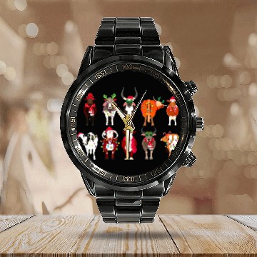 Discover Christmas Cows Farmer Heifer Bull Highland Cow Calendar Steel Band Watch