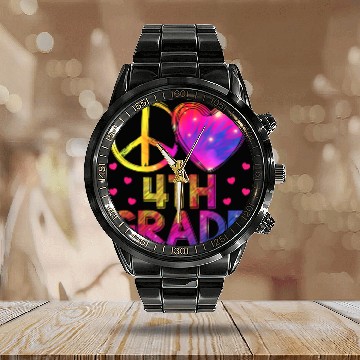 Discover Tie Dye Peace Love 4th Grade Teacher Student Back Calendar Steel Band Watch