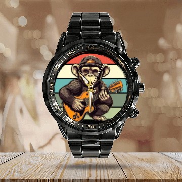 Discover Monkey Chimpanzee Playing Acousitc Rock Guitar Calendar Steel Band Watch