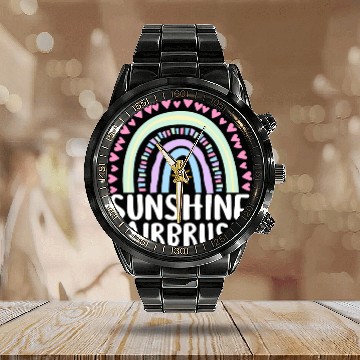Discover Sunshine and Airbrush Cute Rainbow Graphic Calendar Steel Band Watch