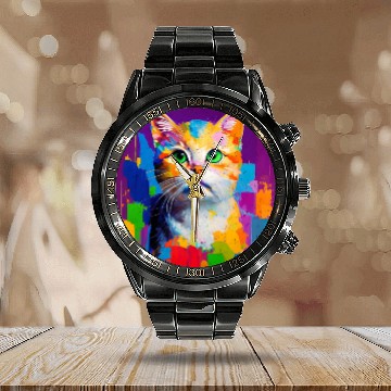 Discover Oil Painting Style Cat Portrait Design for Cat Calendar Steel Band Watch