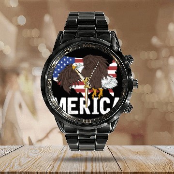 Discover Us Flag Merica Pride Patriot Proud American Bald Calendar Steel Band Watch