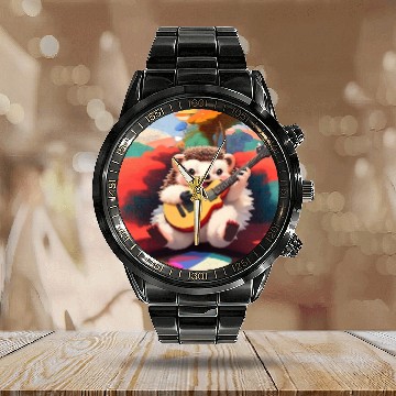 Discover Cute Hedgehog playing Guitar Calendar Steel Band Watch