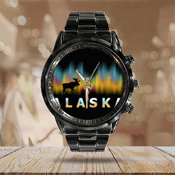 Discover Alaa Day Reindeer With Polar Lights And Moose Calendar Steel Band Watch