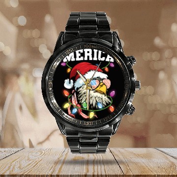 Discover Merica Usa Flag Patriotic Veteran Santa Bald Eagle Calendar Steel Band Watch