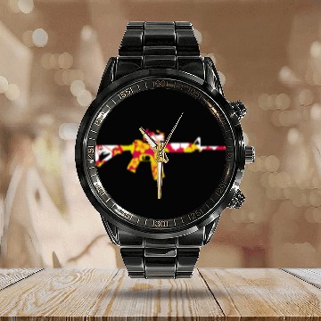 Discover Tropical Gun Firearm Beach Hawaiian Aloha Ar-15 Calendar Steel Band Watch