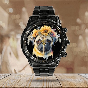 Discover Cute Pug Sunflower Dog Breed Pet Puppy Calendar Steel Band Watch