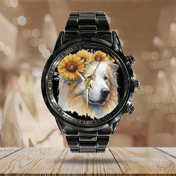 Discover Cute Samoyed Sunflower Dog Breed Pet Puppy Calendar Steel Band Watch
