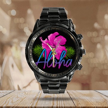 Discover Aloha Hawaiian Islands Hawaii Surf Hibiscus Calendar Steel Band Watch