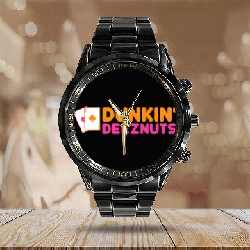 Discover Dunkin Deez-Nuts Pocket Aces Calendar Steel Band Watch