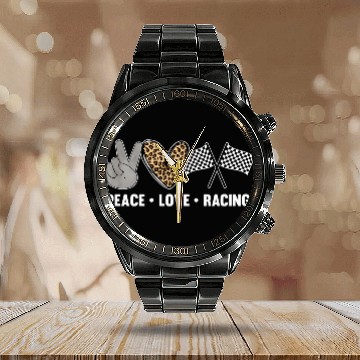 Discover Women'S Racing Peace Love Racing Race Flag Calendar Steel Band Watch