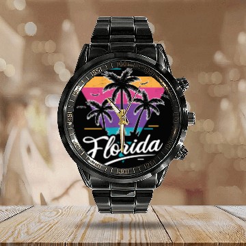 Discover Love Florida Sunset Style 80S Calendar Steel Band Watch