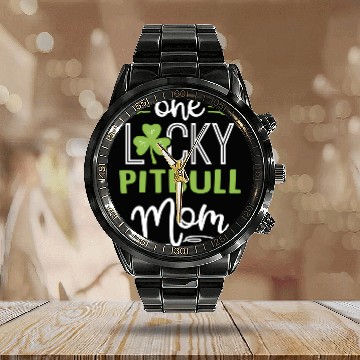 Discover One Lucky Pitbull Dog Mom St Patric Day Calendar Steel Band Watch