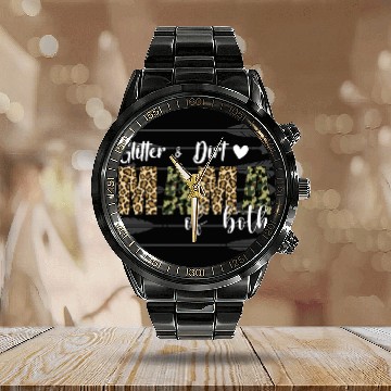 Discover Glitter Dirt Mama Of Both With Leopard Camouflage Calendar Steel Band Watch
