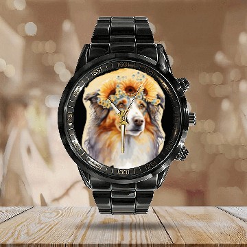 Discover Cute Aussie Australian Shepherd Sunflower Dog Bree Calendar Steel Band Watch
