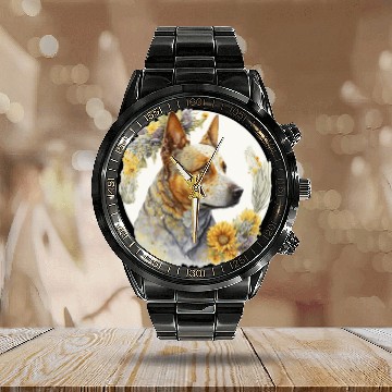Discover Watercolor Australian Cattle Sunflower Dog Breed P Calendar Steel Band Watch