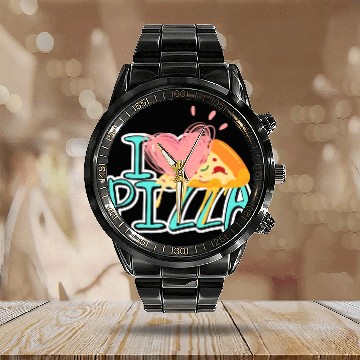 Discover i love pizza Calendar Steel Band Watch