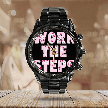Discover Work the Steps pink floral Calendar Steel Band Watch