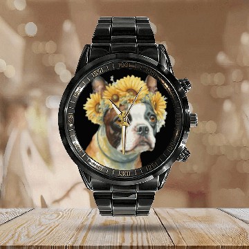 Discover Cute Boston Terrier Sunflower Dog Breed Pet Puppy Calendar Steel Band Watch