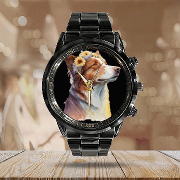 Discover Watercolor Border Collie Sunflower Dog Breed Pet P Calendar Steel Band Watch