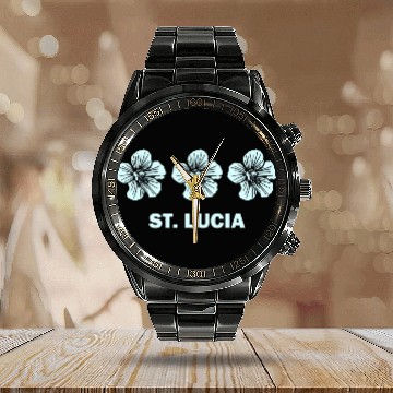 Discover St Lucia Tropical Hibiscus Flower Calendar Steel Band Watch